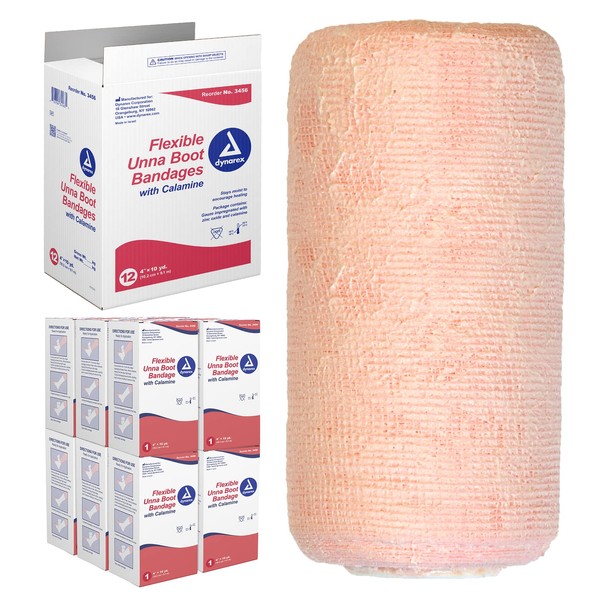 Dynarex Unna Boot Bandage, Individually Packaged, Provides Customized Compression as Treatment for Leg Ulcers with Calamine, Soft Cast, White, 4” x 10 yds, 1 Case of 12 Unna Boot Bandages