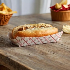 The Baker Celebrations Pack of 50 Paper Hot Dog Trays, Red Check, Disposable, Recyclable and Biodegradable, Made in USA (Red & White Checkered)