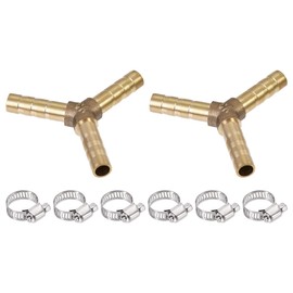 TOP-VIGOR 2Pcs 6mm Brass Barb Hose Fitting, Y Shape Barbed Splitter Fitting Pipe Connector with 6Pcs 6-12mm Hose Clamps for Water Fuel Air