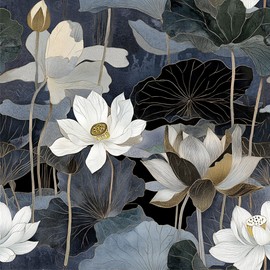 Safiyya Peel and Stick Wallpaper Black Floral Lotus Contact Paper Peel and Stick 17.3"x 197" Wall Paper Self Adhesive Removable Wallpaper for Bedroom Bathroom Vinyl Roll