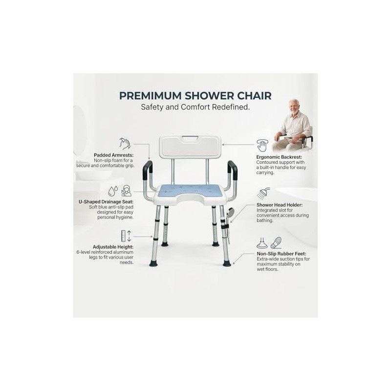 4-in-1 Shower Chair for Inside Shower with Arms and Back,