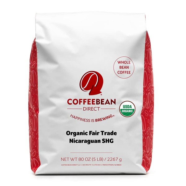 Coffee Bean Direct Organic Fair Trade Nicaraguan SHG, Whole Bean Coffee, 5 Pound Bag