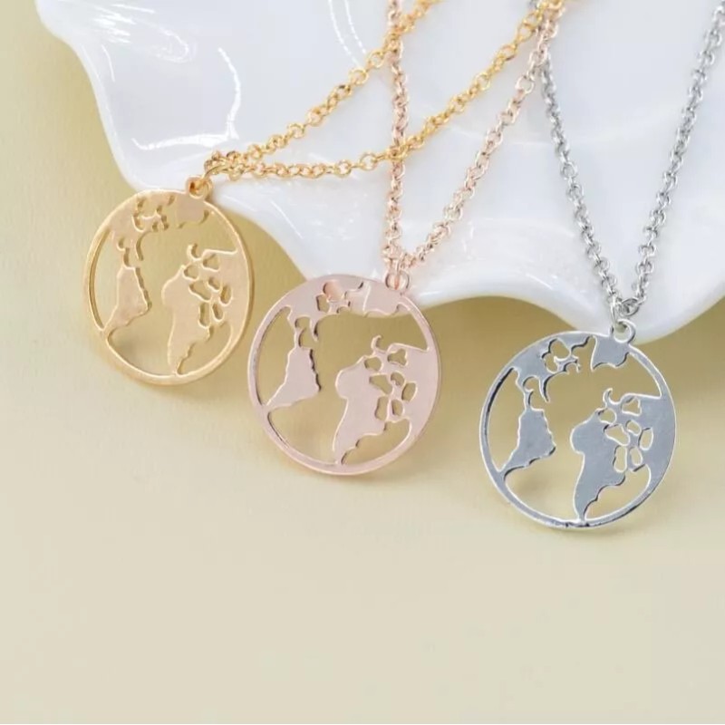 Deluxe Collar Dije Mapa Mundi Dorado Plata Y Oro Rosa