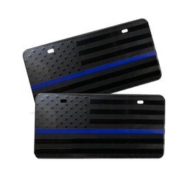 ZONETECH USA American Flag License Car Tag Plate with Thin Blue Line Thick Durable Embossed Monochrome Novelty Great American Pledge of Allegiance (2 Pack)