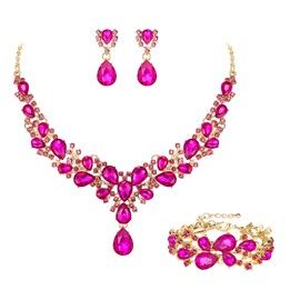 EVER FAITH Austrian Crystal Costume Jewelry Sets, Water Drop Flower Cluster Statement Chunky Necklace Earrings Bracelet Set Fuchsia Hot Pink Gold-Tone