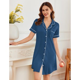 Ekouaer Nightgowns for Women Button Down Sleepshirt Short Sleeve Nightshirt Boyfriend Pajamas V Neck Nightdress Dark Blue L