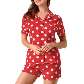 Allegra K Womens Short Sleeve Notch Collar Piped Button Down Sleepwear Polka Dots Pajama Sets Red 8