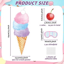 QOUBAI Pin The Cherry on The Ice Cream Party Game Activities 25.2 x 9.2 Inch Ice Cream Shape Poster with 24pcs Cherries Birthday Party Supplies for Boys Girls Wall Home Room Decorations Favors