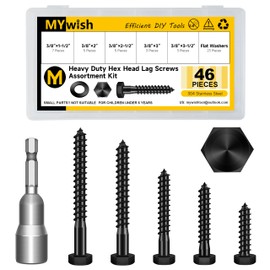 Mywish 46Pcs 3/8" Hex Head Lag Screws Assortment Kit, Heavy Duty Lag Bolts with Washers, 304 Stainless Steel Bolts 18-8, 5-Size Wood Screws for Outdoor, Black Oxide 3/8 Bolt