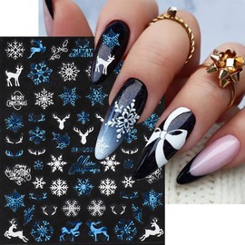 Snowflake Nail Art Sticker Decals Snowflake Elk Design Christmas Nail Stickers 6PCS Blue White Xmas Tree Christmas Stocking Deer 3D Self-Adhesive Xmas Nail Decals for Women DIY Manicure Decorations