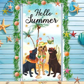 Hello Summer Door Cover Decorations Sea Beach Dogs Door Cover Banner Dogs Welcome Door Banner Welcome Summer Porch Banner Beach Coastal Pet Tropical Palm Front Door Banner Seasonal Holiday Party Decor
