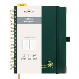 POPRUN Dotted Spiral Journal Notebook, 7-1/4" x 9-1/2" - 120 GSM Thick Paper, 220 Numbered Pages, Hardcover for Men & Women with Pocket, Index Tabs, 8 Perforated Sheets, Dark Green