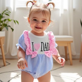LouVasabuce Newborn Baby Girl Summer Bodysuit Heart Letter Embroidery Short Sleeve Bow Stripe Romper Cute Infant Jumpsuit (Blue, 12-18 Months)