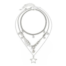 AKSIQIOL Layered Necklace,Y2K Silver Stackable Pendant for Grunge, Punk, and Aesthetic Fashion Jewelry Accessories