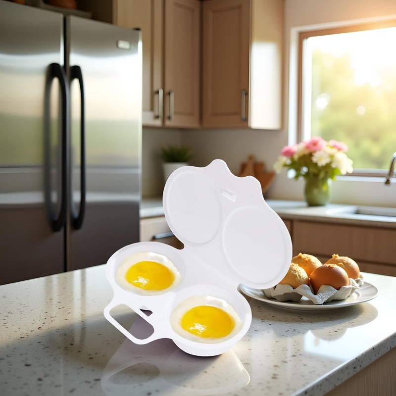 1Pc White Egg Poacher, Microwave Egg Boiler Poacher, 2 Cavity