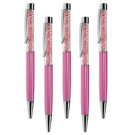 5 Pack Bling Metal Ballpoint Pen, 1.0mm Black Ink Bling Crystal Rollerball Pens, Glitter Writing Pens for Students, Girls, Women - Pink