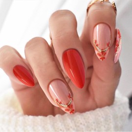 24pcs French Tip Press on Nails Short Almond Fake Nails Full Cover Reusable Stick on Nail Artificial Acrylic False Nails with Gold Line Red Small Flower Design Glossy Glue on Nails for Women and Girls