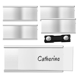 Pack of 5 Aluminium Name Plates with Strong Double Magnet, Name Badges for Clothing Magnet, Professional Magnetic Name Plate with Paper Slot, Approx. 72 x 35 mm (2.8 x 1.4 Inches) (Silver)
