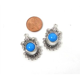 2 Silver Pewter Blue Enamel Dangle Charms Earring Chandelier Components Links