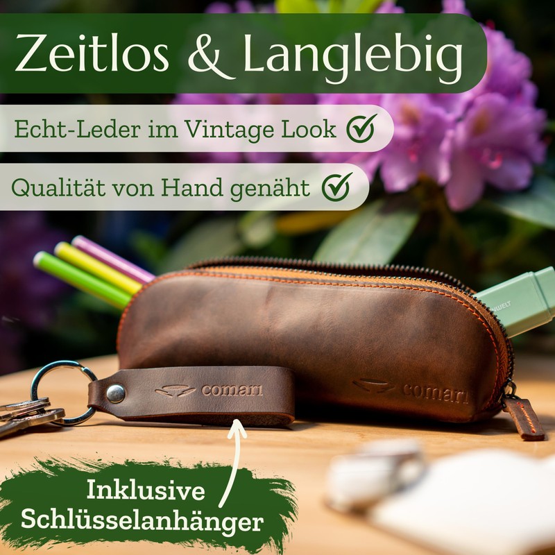 Premium pencil case made of genuine leather, long closure, Vintage