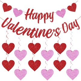 Valentines Day Decorations - Happy Valentines Day Banner with 12Pcs Love Heart Hanging Swirls for Home Wedding Party Supplies