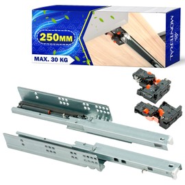 1 Pair Telescopic Drawer Runners 250 mm with Full Extension of 224 mm - Heavy Duty Drawer Runners with Selfclosing Mechanism and Silent Closing Function - Warranty 10 Years - MONTERAL