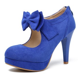 Women's Bow Heels Mary Jane High Heel Closed Toe Platform Vintage Dress Pumps Royal Blue Label Size 40 - US 9