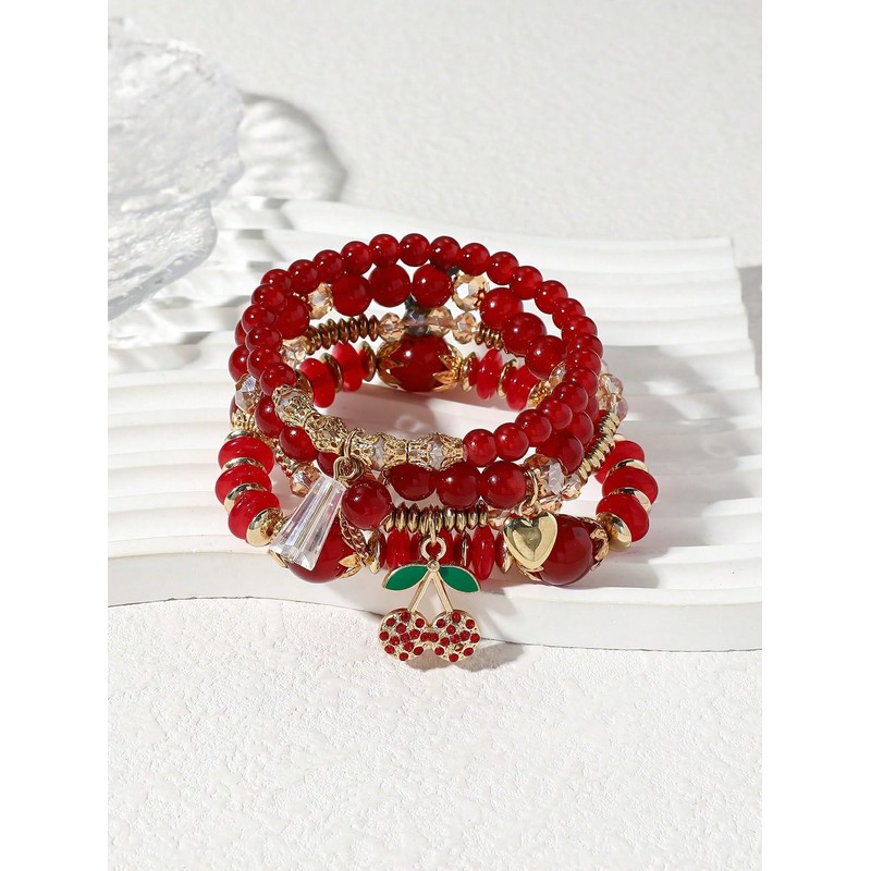 JWIGP 4Pcs Cherry Bracelet Set for Women, Red Beaded Pendant
