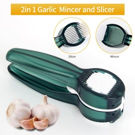 Garlic Press,Mince,And Slice Garlic, 2 in 1 Garlic Press with Cleaning Brush and Garlic Peeler,Food-Grade PC/PS and Stainless-Steel,Ergonomic Handle,Dishwasher Safe