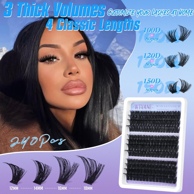 Thick Cluster Lashes 100D+120D+150D Volume Individual Eyelash Clusters 240Pcs 12-18mm