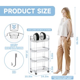 Yieach Clear 4 Tier Rolling Utility Cart with Wheels,Modern Bedside Cart for Baby Essentials,Nursery,Diaper Caddy,Baby Supplies,Rolling Storage Cart for Living Room,Bathroom,Kitchen,Book Cart