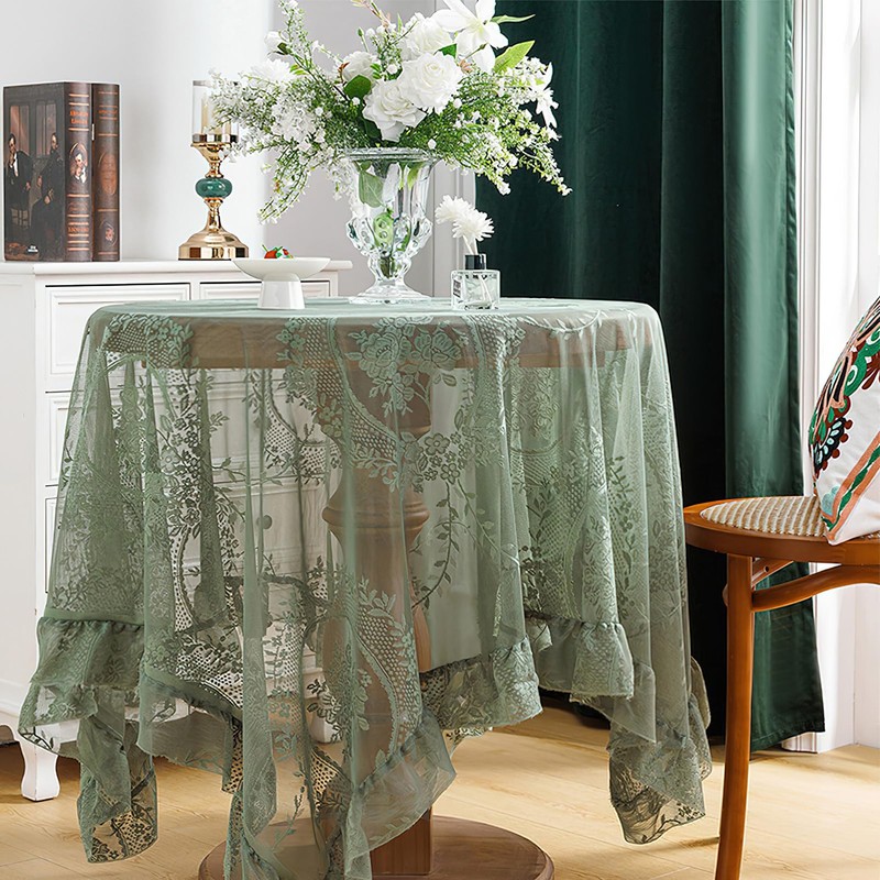 Lace Tablecloth with Ruffles, Rectangular, Green Vintage Overlay Lace Tablecloth,