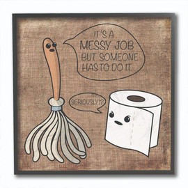 Stupell Home Décor Toilet Paper and Mop Cartoon Framed Giclee Texturized Art, 12 x 1.5 x 12, Proudly Made in USA
