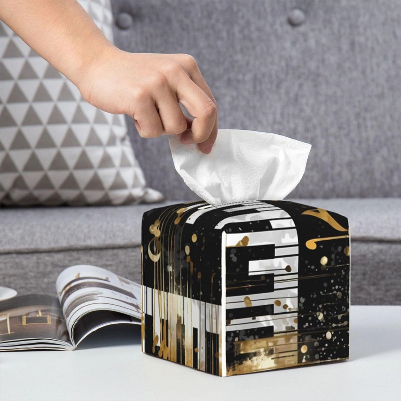 DXTKWL Tissue Box Cover Golden Music Notes Piano Keys Square