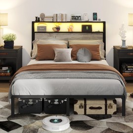 yenlacy Queen Size Bed Frame with Headboard, Metal Platform Bed Frame with LED Lights & Charging Station, Under Bed Storage, Solid and Stable, No Box Spring Needed, Noise Free, Easy Assembly