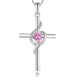 Vemhel Cross Necklace 925 Sterling Silver Infinity Pendant Heart Created Pink Tourmaline Anniversary Jewelry for Women