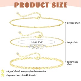 Auiremrti 3 Piece Ankle Bracelets for Women 14K Real Gold Plated Ankle Bracelets, Waterproof, Adjustable Layered Anklet Bracelets No Tarnish Summer Beach Jewelry Gift