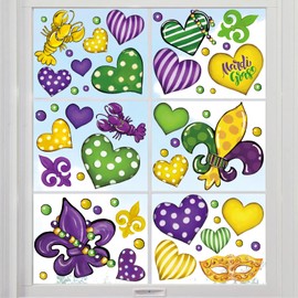 JarThenaAMCS 9 Sheet Mardi Gras Window Clings Carnival Mask Lobster Reusable Window Decals for Masquerade Party Holiday Home School Office Decor