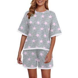 PrinStory Womens Pajama Sets Summer Pajamas for Women Set Soft Pjs Ladies Lounge Set with Pockets FP-Pink Star-L