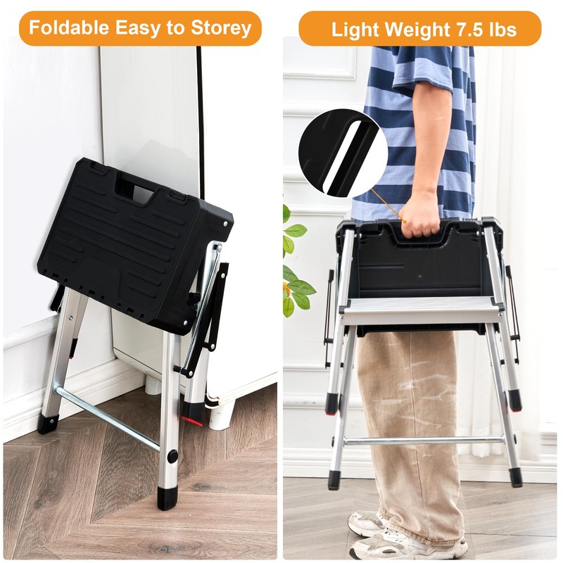 Mesjaedr Two Step Ladder, Folding Aluminum Step Stool with Wide