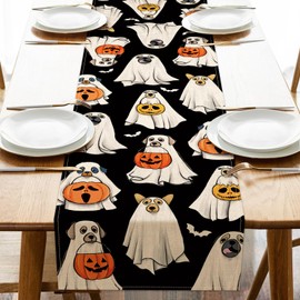Croar - Camino de mesa de Halloween Spooky Ghost Dog negro, Jack O Lantern - Decoración de mesa de cocina, mesa de comedor, divertida arpillera para interiores y exteriores, suministros de fiesta, 13