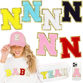 6 Pcs Large 3 Inch N Chenille Letter Patches, Iron on Letters for Fabric and Clothing, Glitter Embroidery Varsity for Letterman Jacket, Backpacks Hats, Sew or Iron on