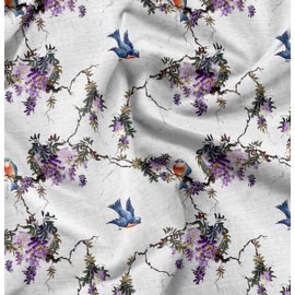 Soimoi White Poly Georgette Fabric Floral & Flowerpecker Bird Printed Fabric 1 Yard 52 Inch Wide