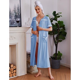 Ekouaer Women Zipper Robes Knit Short Sleeve House Coat Soft Bathrobe Full Length Housecoat Dressing Gown with Pockets