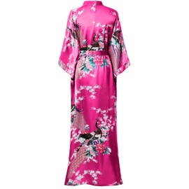 BABEYOND Women's Kimono Robe Long Satin Silky Robes with Peacock and Blossoms Printed Kimono Nightgown
