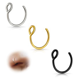 ESHIONER G23 Titanium Fake Nose Piercing Nose Ring Septum Fake Nose Piercing Hoop Set Cartilage Thin Small Helix Hypoallergenic 18G 20G 6 mm / 8 mm / 10 mm Black Gold Silver 3 Pieces Fake Nose