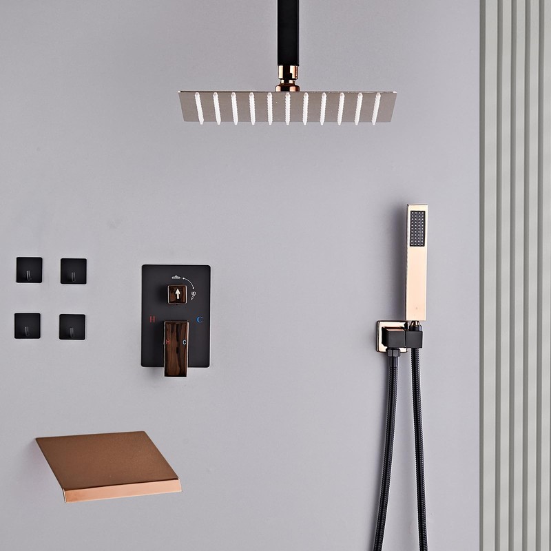 RTOBWEYE 12 Inch Ceiling Mount Shower System Matte Black Gold