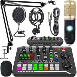 Podcast Microphone Bundle, Condenser Mic with Live Sound Card Kit, Podcast Equipment Bundle with Voice Changer and Mixer Functions for PC Smartphone Studio Recording, Microphone Set, Condenser Microphone