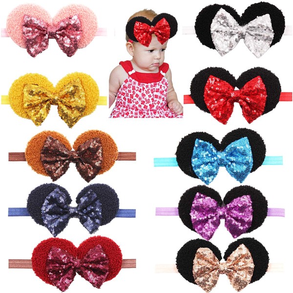 Baby Girls Sequin Headbands 6Inch Large Big Sparkly Glitter Sequin Hair Bows Headband for Newborn Infant Toddlers Babies Pack of 10 Colors