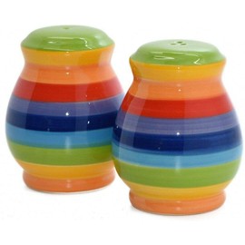 Windhorse Rainbow Striped Ceramic Salt & Pepper Cruet Shaker Set - 7cm - Hand Painted